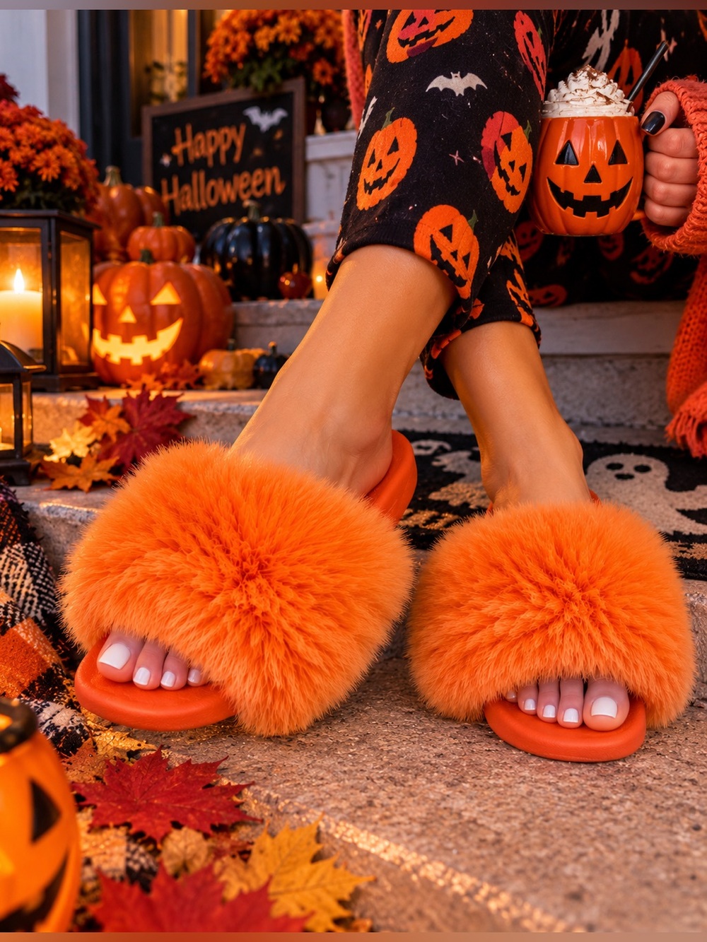 Plush Orange Faux Fur Slide Sandals